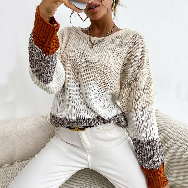 Loose Color-Block Knit Pullover with Crewneck