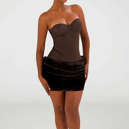 Sleeveless Low-Collar Tube Dress With Splicing Solid Color