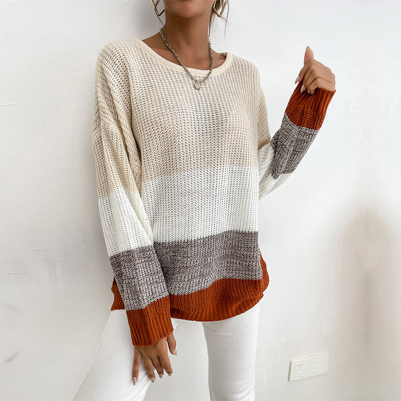 Loose Color-Block Knit Pullover with Crewneck