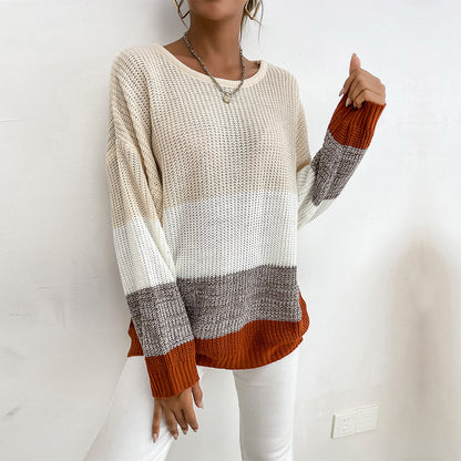 Loose Color-Block Knit Pullover with Crewneck
