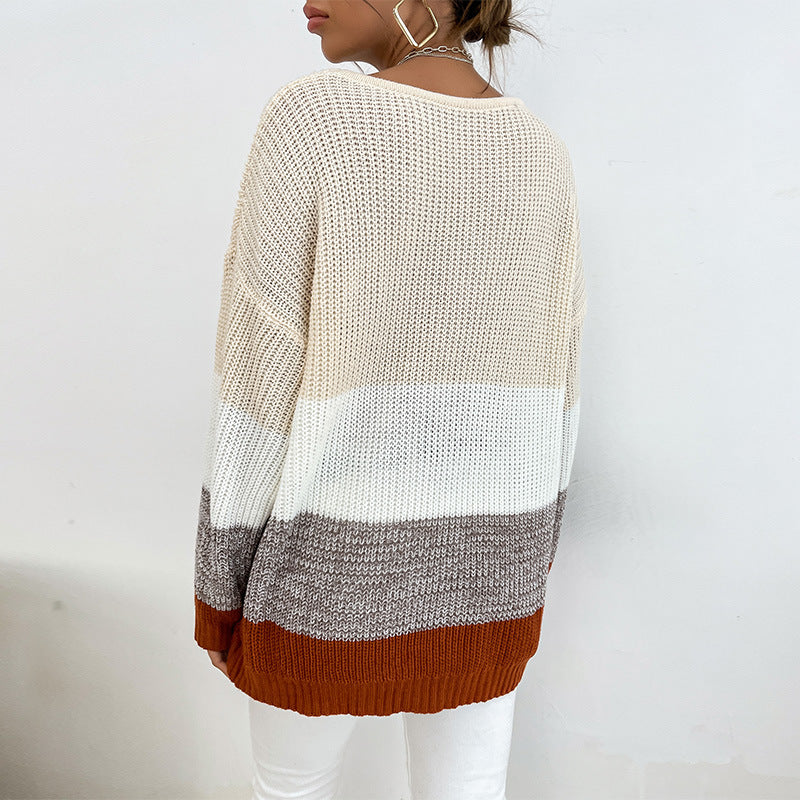 Loose Color-Block Knit Pullover with Crewneck