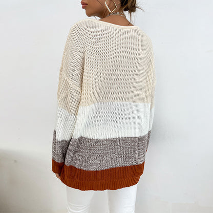 Loose Color-Block Knit Pullover with Crewneck