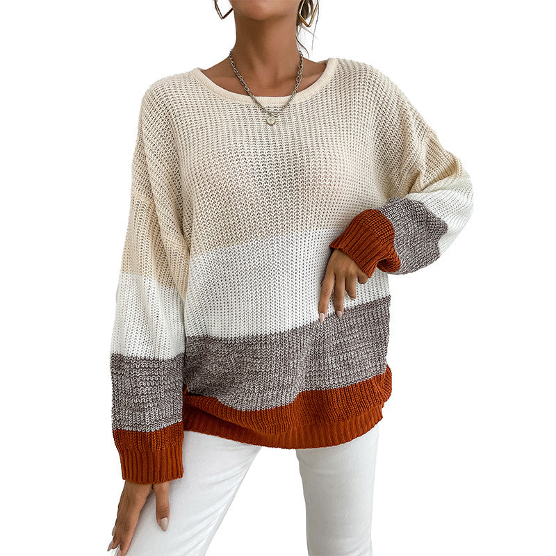 Loose Color-Block Knit Pullover with Crewneck
