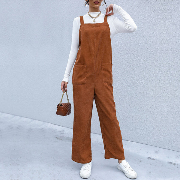 Loose Wide-Leg Corduroy Overalls with Patch Pockets