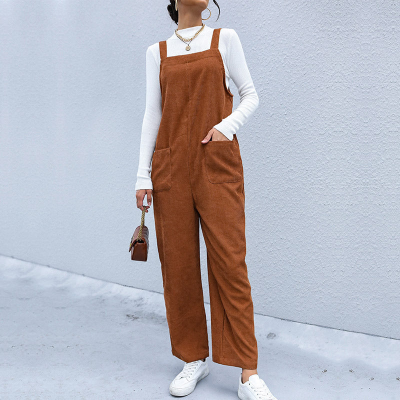 Loose Wide-Leg Corduroy Overalls with Patch Pockets