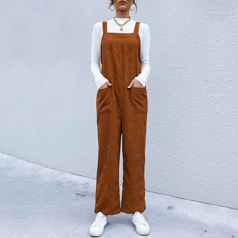 Loose Wide-Leg Corduroy Overalls with Patch Pockets