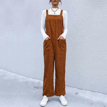 Loose Wide-Leg Corduroy Overalls with Patch Pockets