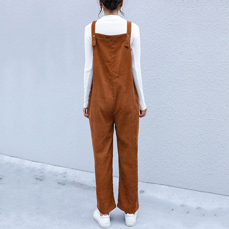 Loose Wide-Leg Corduroy Overalls with Patch Pockets