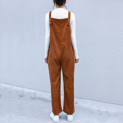 Loose Wide-Leg Corduroy Overalls with Patch Pockets