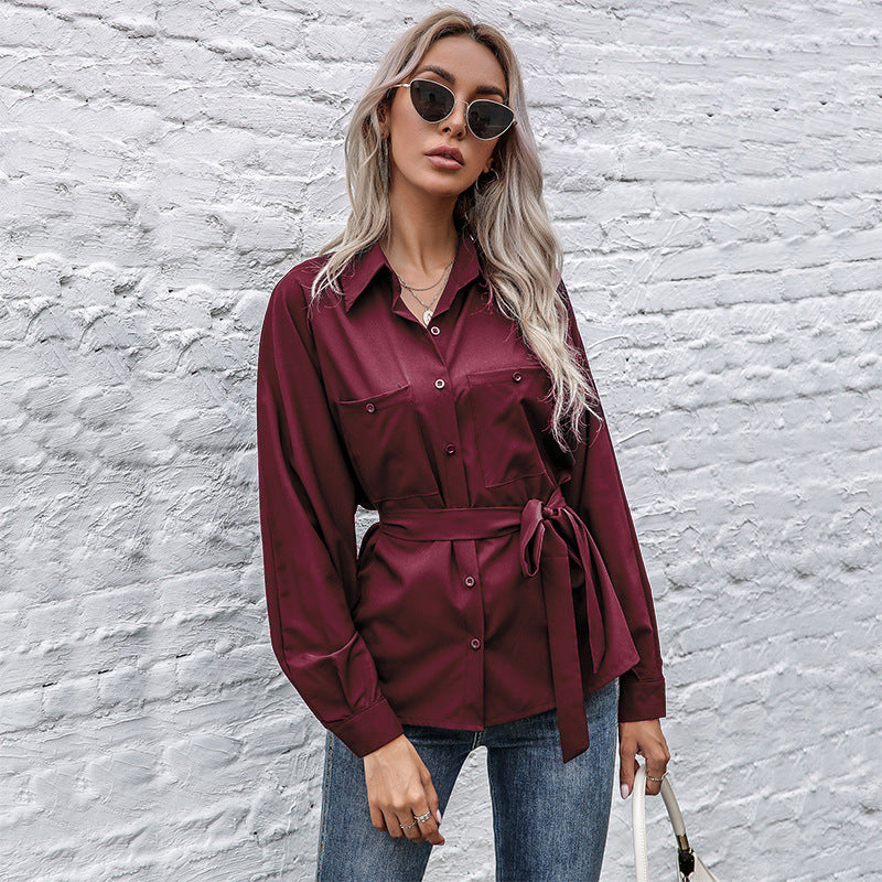 Solid Batwing Sleeve Button-Down Shirt with Tie Waist