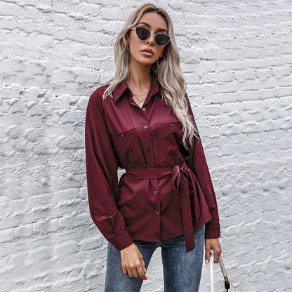 Solid Batwing Sleeve Button-Down Shirt with Tie Waist