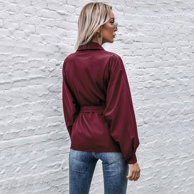 Solid Batwing Sleeve Button-Down Shirt with Tie Waist