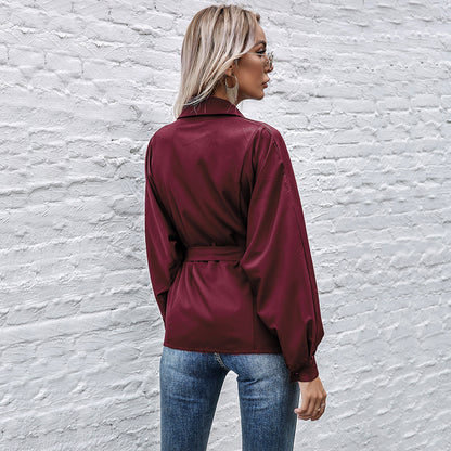 Solid Batwing Sleeve Button-Down Shirt with Tie Waist