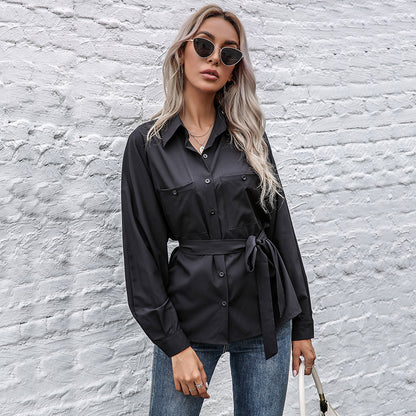 Solid Batwing Sleeve Button-Down Shirt with Tie Waist