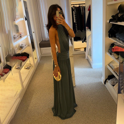 Backless Halter Neck Long Dress Solid Color High-Waisted Design