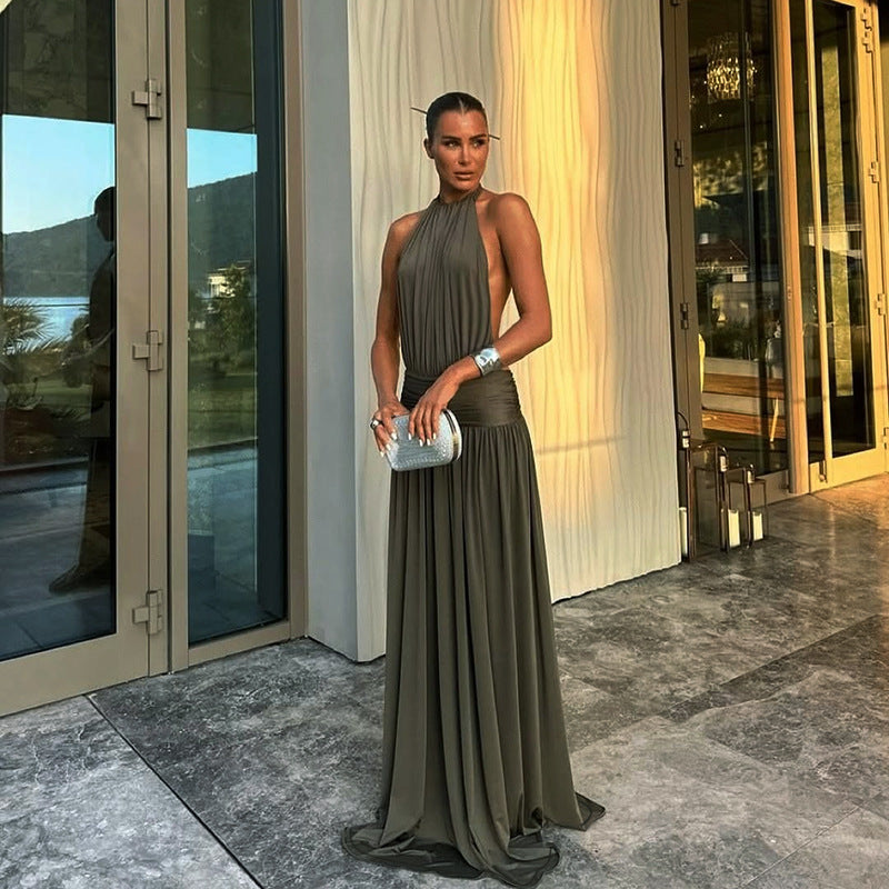 Backless Halter Neck Long Dress Solid Color High-Waisted Design