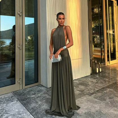Backless Halter Neck Long Dress Solid Color High-Waisted Design