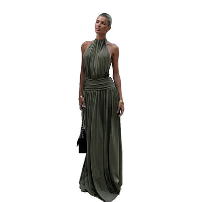 Backless Halter Neck Long Dress Solid Color High-Waisted Design