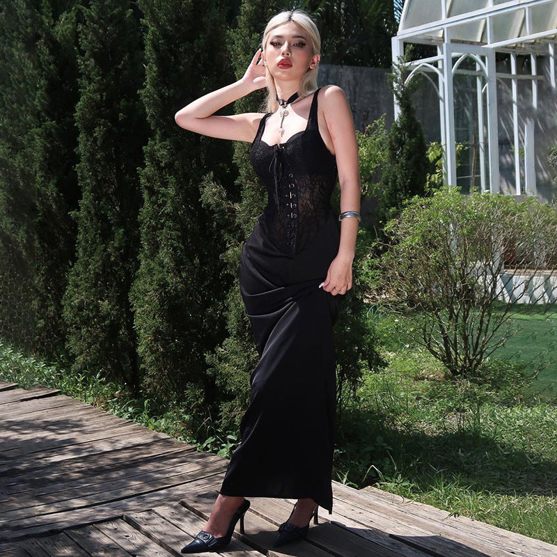Bodycon Maxi Dress with Lace-Up Corset and Lace Panels