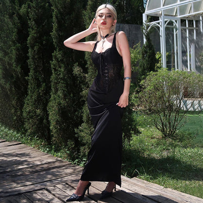 Bodycon Maxi Dress with Lace-Up Corset and Lace Panels