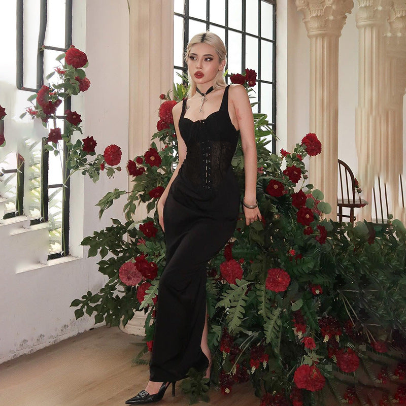 Bodycon Maxi Dress with Lace-Up Corset and Lace Panels