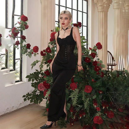 Bodycon Maxi Dress with Lace-Up Corset and Lace Panels