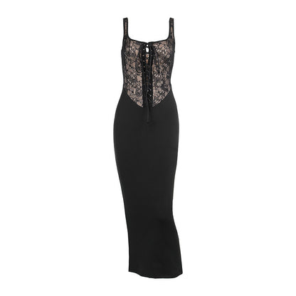 Bodycon Maxi Dress with Lace-Up Corset and Lace Panels