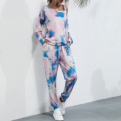 Tie-Dye Two-Piece Set with Off-Shoulder Top and Joggers