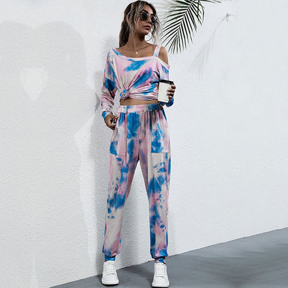 Tie-Dye Two-Piece Set with Off-Shoulder Top and Joggers