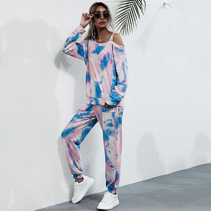 Tie-Dye Two-Piece Set with Off-Shoulder Top and Joggers