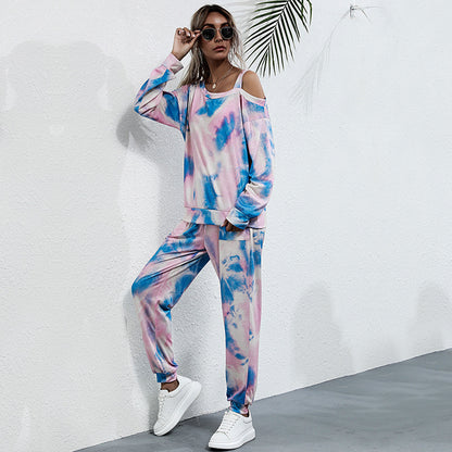 Tie-Dye Two-Piece Set with Off-Shoulder Top and Joggers