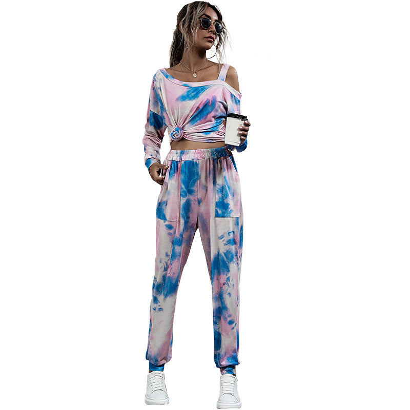 Tie-Dye Two-Piece Set with Off-Shoulder Top and Joggers