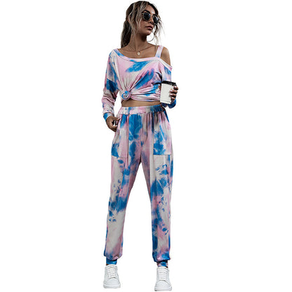 Tie-Dye Two-Piece Set with Off-Shoulder Top and Joggers