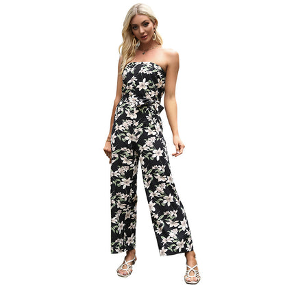 Strapless Floral Print Jumpsuit with Wide-Leg and Tie-Waist