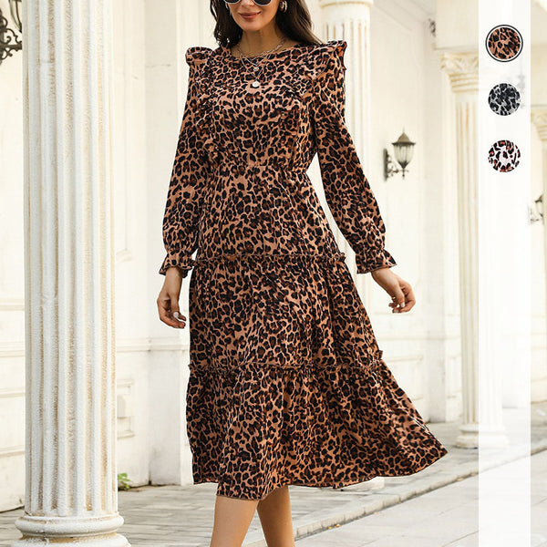 Leopard Print Tiered Midi Dress with Ruffled Sleeves