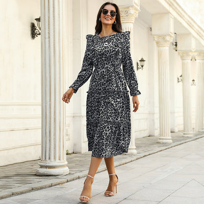 Leopard Print Tiered Midi Dress with Ruffled Sleeves