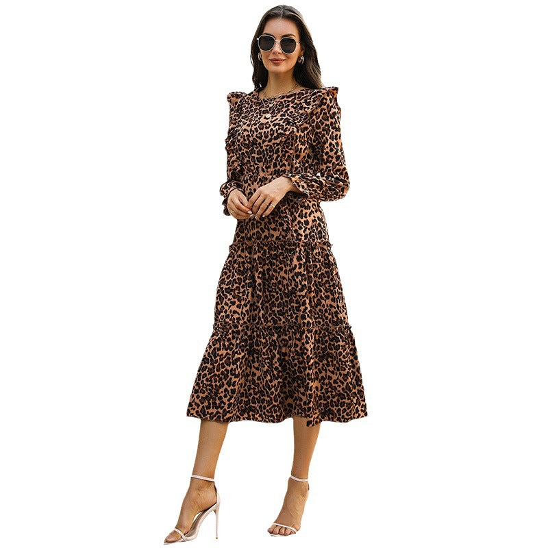 Leopard Print Tiered Midi Dress with Ruffled Sleeves