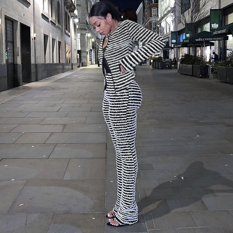 Striped High-Waist Knit Trousers with Fringed Detail