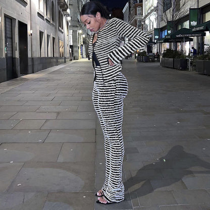 Striped High-Waist Knit Trousers with Fringed Detail