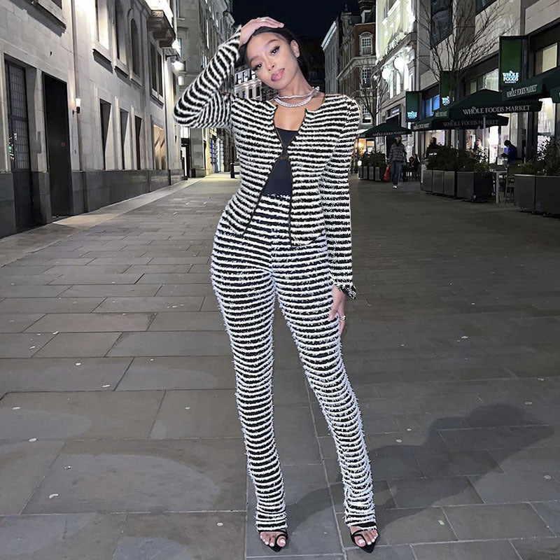 Striped High-Waist Knit Trousers with Fringed Detail