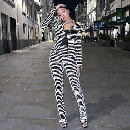 Striped High-Waist Knit Trousers with Fringed Detail