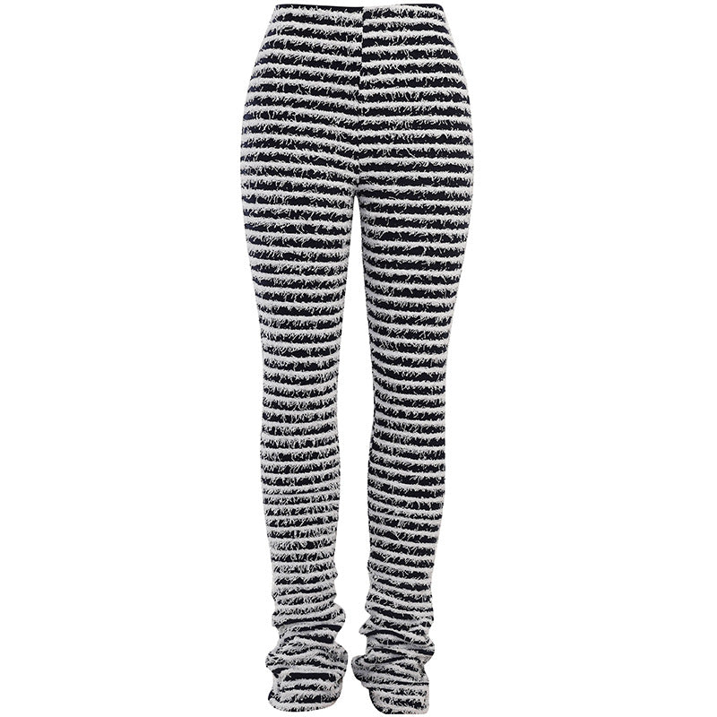 Striped High-Waist Knit Trousers with Fringed Detail