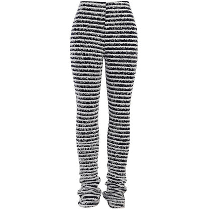 Striped High-Waist Knit Trousers with Fringed Detail