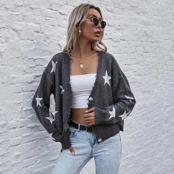 Star Print Cropped Cardigan with V-Neck and Frayed Edges