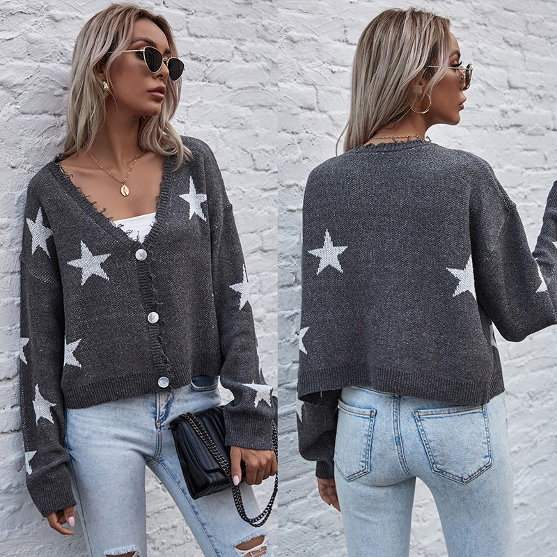 Star Print Cropped Cardigan with V-Neck and Frayed Edges