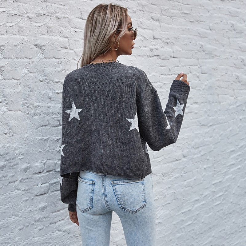 Star Print Cropped Cardigan with V-Neck and Frayed Edges