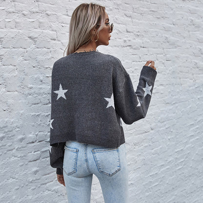 Star Print Cropped Cardigan with V-Neck and Frayed Edges