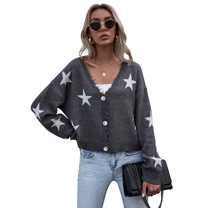 Star Print Cropped Cardigan with V-Neck and Frayed Edges
