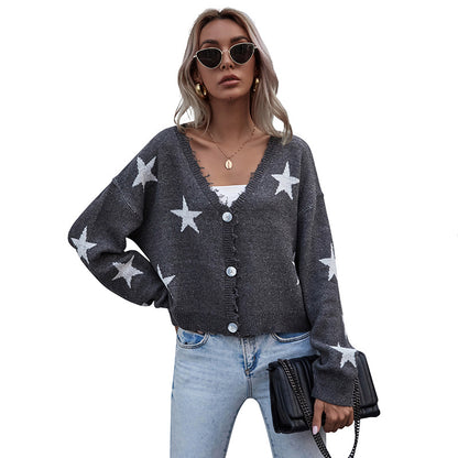 Star Print Cropped Cardigan with V-Neck and Frayed Edges
