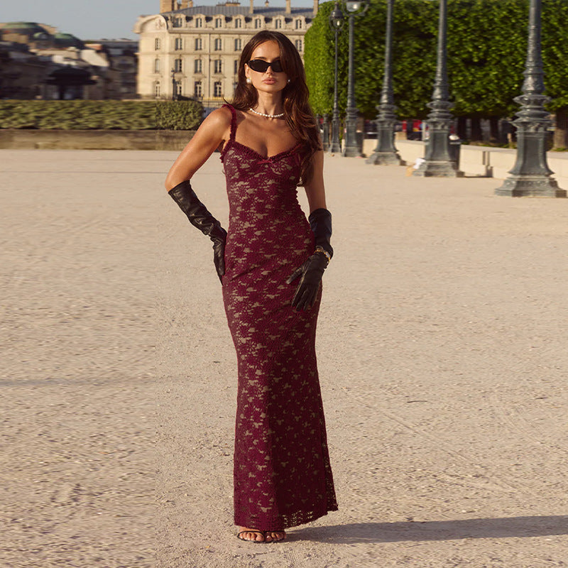Lace Spaghetti Strap V-Neck Long Dress Floral Print